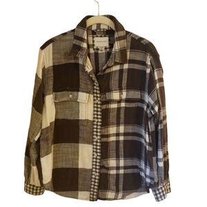 American Eagle Women's 100% Cotton  Mixed Plaid Black And White Flannel Shirt...
